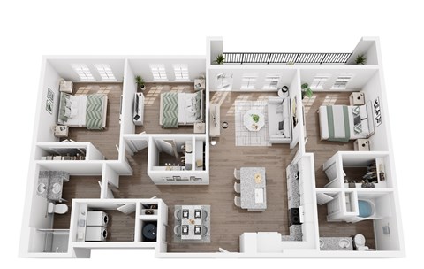 A top-down view of a house layout with multiple rooms and furniture.